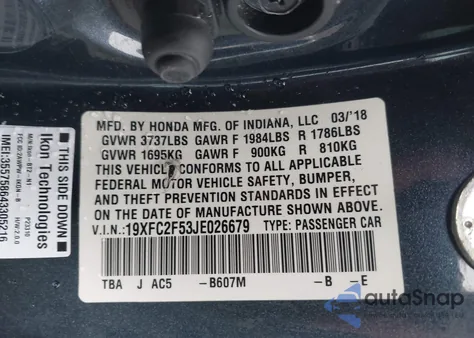 2018 Honda Civic Lx из США, поврежденный, VIN 19XFC2F53JE026679